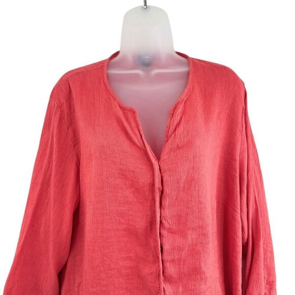 Eileen Fisher System Size 2X Collarless Button Shirt Coral Red Boxy Linen Cotton - Picture 3 of 11